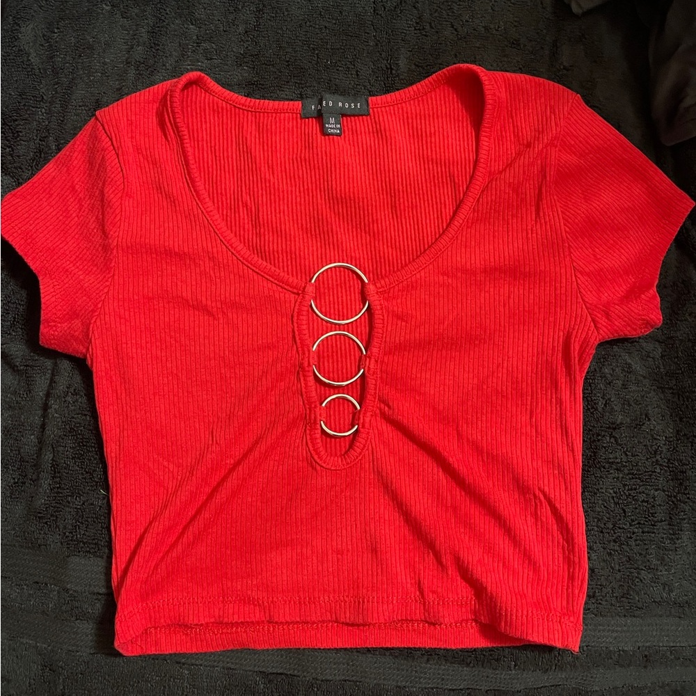 Trendy Red Ribbed Crop Top with Ring Details
